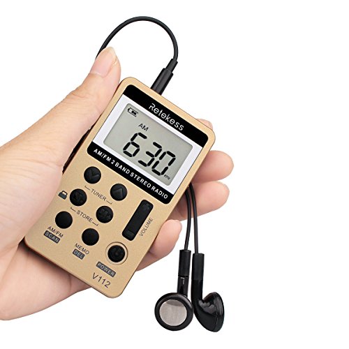 Retekess V112 Mini Radio de Bolsillo Portátil AM FM Receptor Personal con Batería Recargable y Auricular (Dorado)