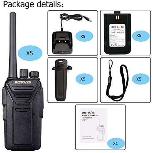 Retevis RT27 Walkie Talkie Recargable, Walkies Profesionales, PMR446 sin Licencia, 16 Canales CTCSS/DCS, VOX Mains Libres, Walkie-talkie con Cargador USB (5 Piezas,Negro)