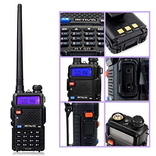 Retevis RT5R Walkie Talkie, 128 Canales Walkie Talkie Doble Banda Recargable, Transceptor de Mano con Radio FM, Portátil 2m / 70cm Radio de 2 Vías para Caza, Radioaficionado (Negro, 1 Pieza)