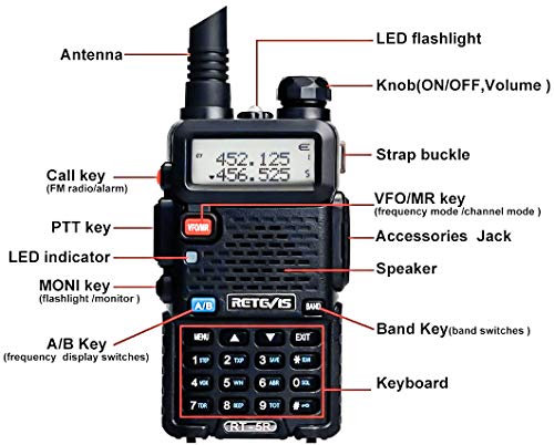 Retevis RT5R Walkie Talkie, 128 Canales Walkie Talkie Doble Banda Recargable, Transceptor de Mano con Radio FM, Portátil 2m / 70cm Radio de 2 Vías para Caza, Radioaficionado (Negro, 1 Pieza)