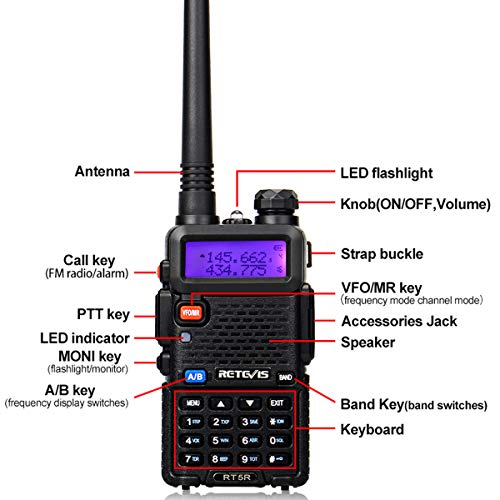 Retevis RT5R Walkie Talkie Professional, Banda Dual Largo Alcance 2 Vías Radio con Cargador de USB, 128 Canales Radio VOX FM Transceptor Portátil de Mano para Almacén, Caza (Negro, 2 Piezas)