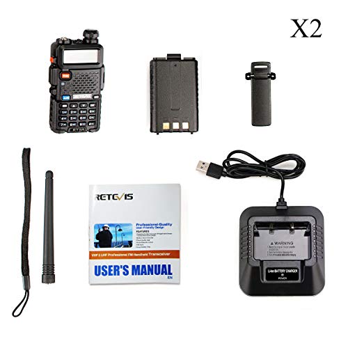 Retevis RT5R Walkie Talkie Professional, Banda Dual Largo Alcance 2 Vías Radio con Cargador de USB, 128 Canales Radio VOX FM Transceptor Portátil de Mano para Almacén, Caza (Negro, 2 Piezas)