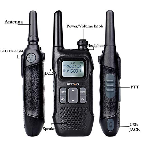 Retevis RT616 Walkie Talkie, PMR 446 sin Licencia 16 Canales, VOX 10 Tonos de Llamada FM Radio Linterna LED, Walkie Talkie Recargable para Supermercado Restaurante (Negro, 5 Par)