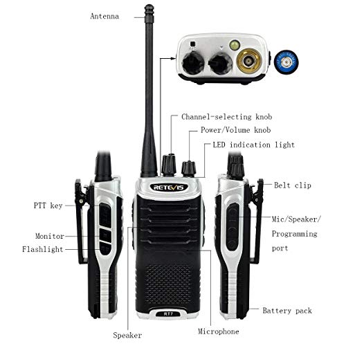 Retevis RT7 Walkie Talkie Profesional 16 Canales Alcance de hasta 4KM Función de Linterna Función FM Radio VOX CTCSS DCS Walkie Profesionales con Auriculares(1 Par, Negro y Plata)