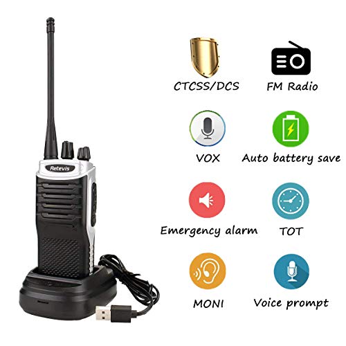 Retevis RT7 Walkie Talkie Profesional 16 Canales Alcance de hasta 4KM Función de Linterna Función FM Radio VOX CTCSS DCS Walkie Profesionales con Auriculares(1 Par, Negro y Plata)