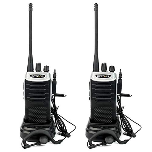 Retevis RT7 Walkie Talkie Profesional 16 Canales Alcance de hasta 4KM Función de Linterna Función FM Radio VOX CTCSS DCS Walkie Profesionales con Auriculares(1 Par, Negro y Plata)