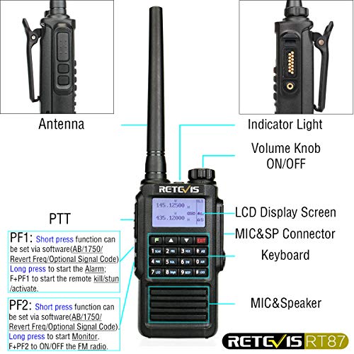 Retevis RT87 Walkie Talkie Profesional, IP67 Impermeable, Doble Banda 128 Canales, Alcance de hasta 5 KM, CTCSS/DCS FM, Radio DTMF, VOX Alarma, Walkie Talkie Impermeable (Negro, 2Pcs)