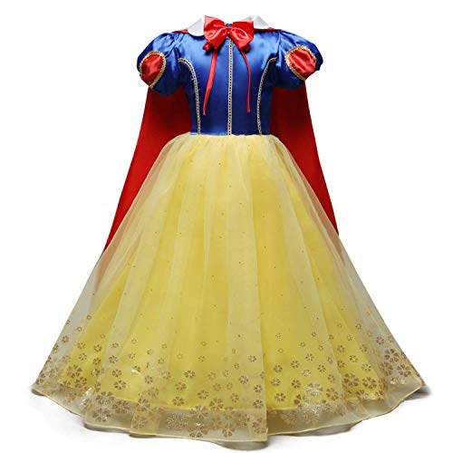 REXREII Niñas Blancanieves Disfraz con Capa Accesorios Carnaval Traje de Princesa Cumpleaños Halloween Cosplay Navidad Fiesta Ceremonia Aniversario Comunión Boda Vestidos 6-7 años