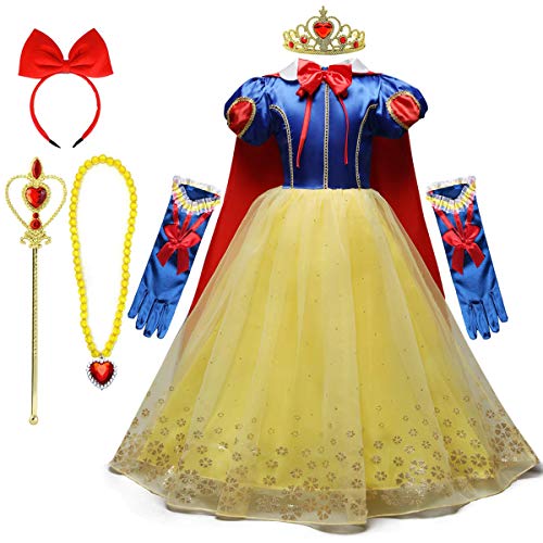 REXREII Niñas Blancanieves Disfraz con Capa Accesorios Carnaval Traje de Princesa Cumpleaños Halloween Cosplay Navidad Fiesta Ceremonia Aniversario Comunión Boda Vestidos 6-7 años