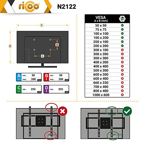 RICOO N2122, Soporte TV Pared, Inclinable, Fijo, Plano, Televisión 23-42" (58-107cm), Slim, Universal, Televisor LED/LCD/Curvo, VESA 50x50-200x200