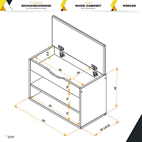 RICOO WM032-ES-B, Banco Zapatero, 60x42x30cm, Armario Interior con Asiento, Organizador Zapatos, Mueble recibidor, Perchero, Madera Roble marrón