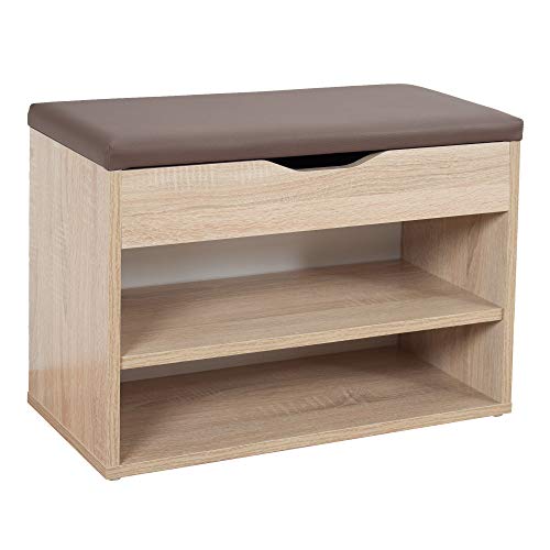 RICOO WM032-ES-B, Banco Zapatero, 60x42x30cm, Armario Interior con Asiento, Organizador Zapatos, Mueble recibidor, Perchero, Madera Roble marrón