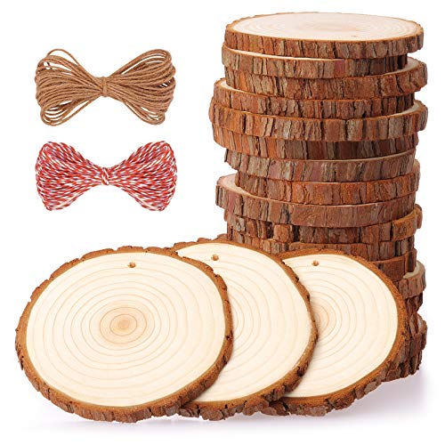 Rodajas de Madera Círculos 9-10 cm 20 pcs Fuyit Discos de Madera Rebanada 10m Cuerda de Cáñamo Maderas Naturales Perforado Con Corteza de Árbol Para Manualidades