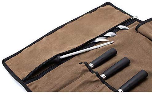 Rollo de Cuchillos del Chef, Bolsa de culinaria Enrollable de Lona Encerada de 5 Bolsillos, Estuche para Guardar Cubiertos, Funda de Cuchillos para cocinar, Camping HGJ601 (Coffee)