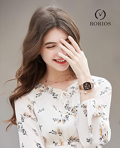 RORIOS Nueva Mujer Relojes de Pulsera Trébol de Cuatro Hojas Luminosa Acero Inoxidable Correa de Reloj Relojes de Mujer Reloj de Dama