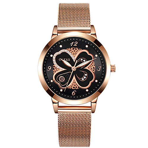 RORIOS Nueva Mujer Relojes de Pulsera Trébol de Cuatro Hojas Luminosa Acero Inoxidable Correa de Reloj Relojes de Mujer Reloj de Dama