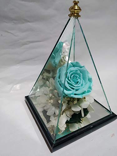 Rosa eterna Azul Turquesa. Gratis TU ENVÍO.Pirámide Espejo de 20 cm de Altura y Rosa eterna Azul Turquesa de 6 cm con remates artesanales, Musgo liofilizado y Flores preservadas. Hecho en España