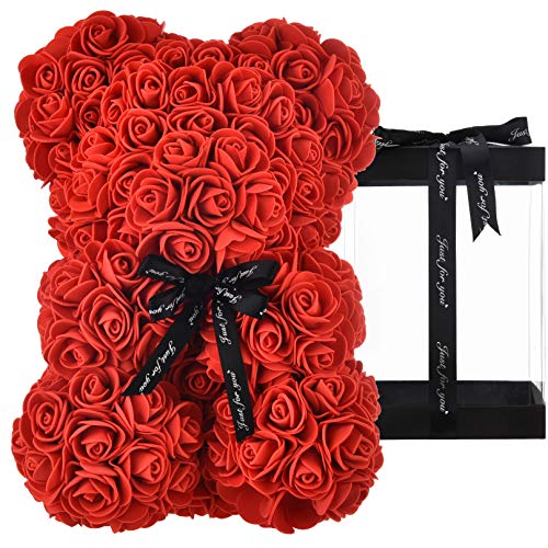 Rosa oso, regalo para mamá, mujer, para adolescentes, regalos para madres, regalos hechos a mano, osito de rosa, oso de peluche, rosa, día de San Valentín, cumpleaños – oso de rosas con caja (rojo)