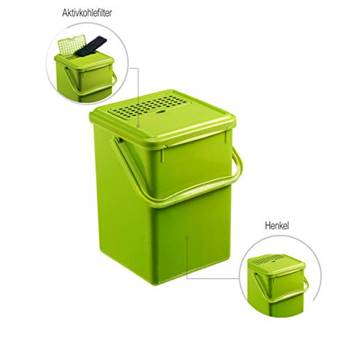 Rotho Bio, Cubo de compostaje de 9l con filtro de carbón activado en la tapa, Plástico PP sin BPA, verde, 9l 23.0 x 22.5 x 27.5 cm