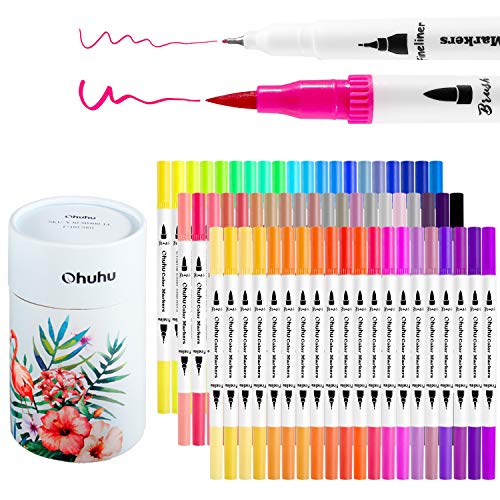 Rotuladores de Pincel, Ohuhu 60 Rotuladores de doble punta para colorear, Pincel de agua para dibujar o subrayar, Rotuladores para dibujos de caligrafía, bocetos, libros de colorear