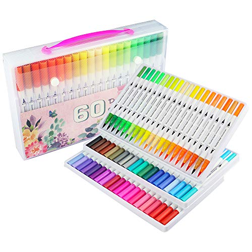 Rotuladores de Punta Doble, 60 Colores con Rotuladores Punta Pincel Acuarelables Marcadores, Bolígrafos Fineliner, Marcadores de Color de Agua para Pintar