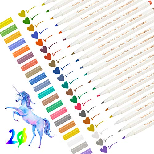 Rotuladores metálicos, Leenou 20pc rotuladores, juego de 20 colores surtidos para dibujo de álbum de fotos/regalo de cumpleaños por bricolaje/Hacer tarjetas/Scrapbooking, Pintura de roca Vidrio