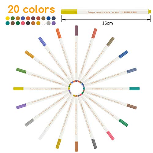 Rotuladores metálicos, Leenou 20pc rotuladores, juego de 20 colores surtidos para dibujo de álbum de fotos/regalo de cumpleaños por bricolaje/Hacer tarjetas/Scrapbooking, Pintura de roca Vidrio