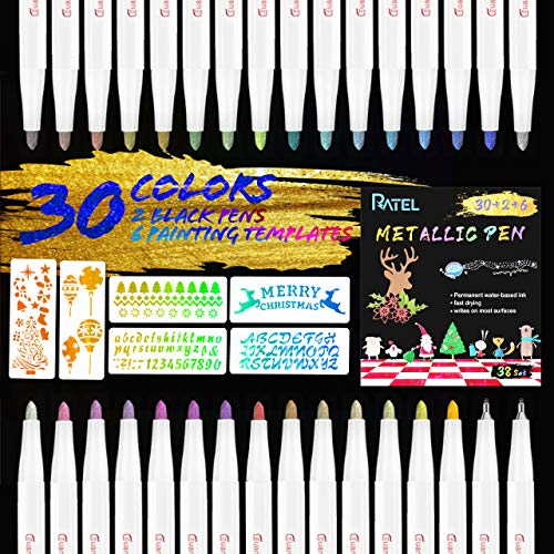 Rotuladores Metálicos, RATEL 30 colores brillantes Marcador Metálico con 2 Bolígrafo Negro, 6 Plantillas de Papel de Pintura para Manualidades de Bricolaje,Pintura Rupestre,Album de Bricolaje,Cerámica