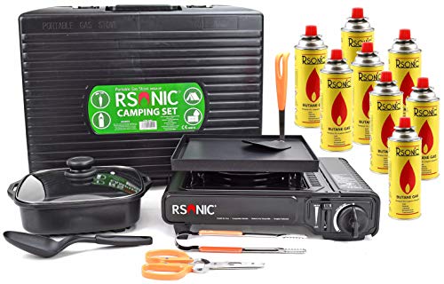 RSonic - TruWare - Hornillo de Gas para Camping (sartén para Barbacoa + Olla + Utensilios de Cocina), Nur Das Mega Set