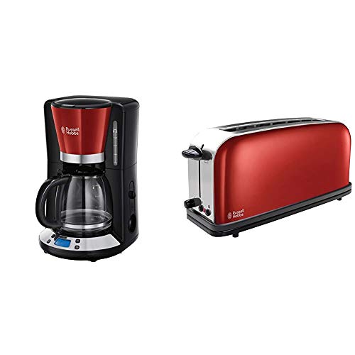 Russell Hobbs Colours Plus - Cafetera de Goteo (Jarra Cafetera para 15 Tazas, 1000 W, Negro y Rojo) + Hobbs 21391-56 Colours Plus - Tostadora, Ranura Larga y Ancha, para 2 Rebanadas