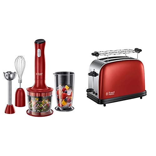 Russell Hobbs Desire - Batidora de mano 3 en 1 (500 W, Rojo, Cuchilla de Acero Inoxidable, sin BPA) - ref. 24700-56 + Hobbs 23330-56 Colours Plus Tostadora, 1670 W, INOX, 2 Ranuras, Rojo