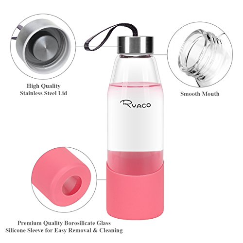 Ryaco Botella de Agua Cristal 500ml, Botella de Agua Reutilizable 16 oz, sin BPA Antideslizante Protección Silicona Llevar Manga y Cepillo de Esponja (Rosa, 500 ml)