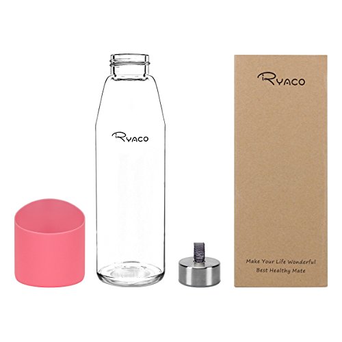 Ryaco Botella de Agua Cristal 500ml, Botella de Agua Reutilizable 16 oz, sin BPA Antideslizante Protección Silicona Llevar Manga y Cepillo de Esponja (Rosa, 500 ml)