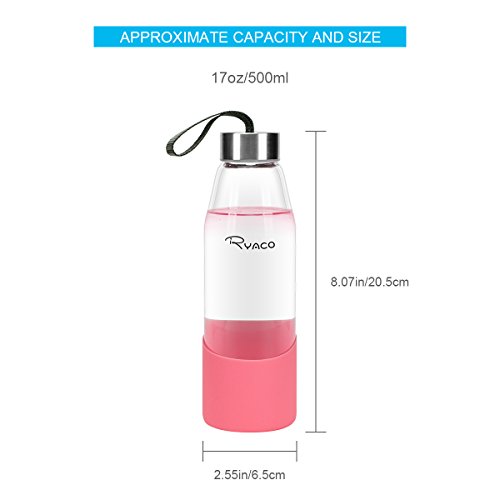 Ryaco Botella de Agua Cristal 500ml, Botella de Agua Reutilizable 16 oz, sin BPA Antideslizante Protección Silicona Llevar Manga y Cepillo de Esponja (Rosa, 500 ml)