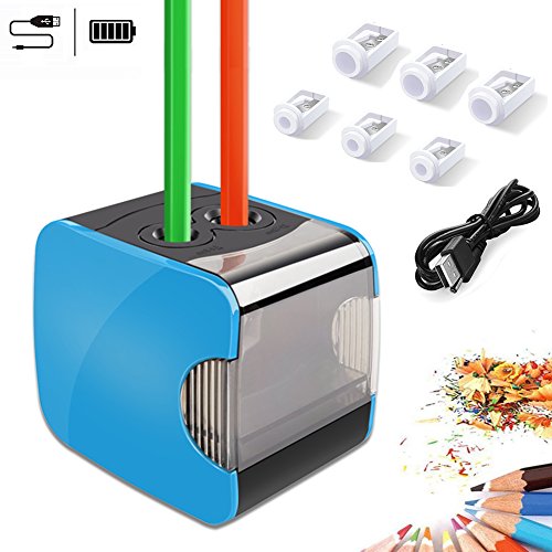 Sacapuntas de lápiz eléctrico, Oladwolf Sacapuntas automático pencil sharpener con dos agujeros, Batería de sacapuntas USB con 6 Cuchillas Perfecto para aula de los niños, Oficina