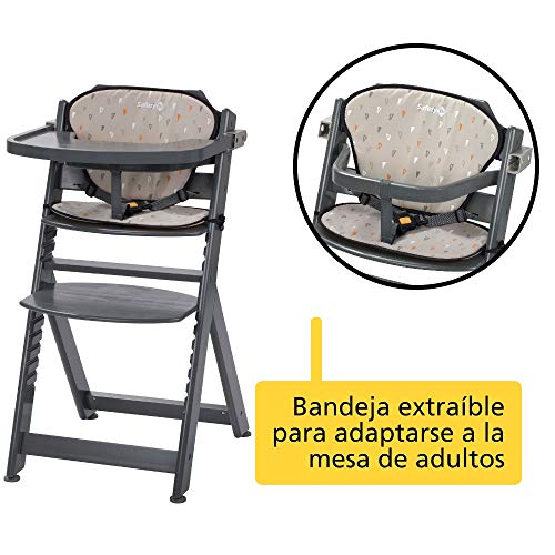 Safety 1st Timba con cojín, Trona de madera evolutiva, Trona para bebés con bandeja extraíble, Silla de altura regulable crece con el niño 6 meses - 10 años, color Warm Grey