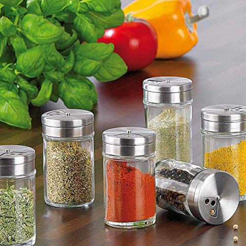 Saijer Juego De Sazonador De Acero Inoxidable Set, Organizador De Racks De Hierbas Y Especias con 5 Botes De Cristal con Tapas para Spice Rack Condimento Cruet Botella Sal Pimienta Azúcar(9 Piezas)