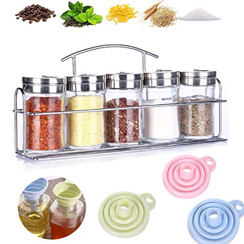 Saijer Juego De Sazonador De Acero Inoxidable Set, Organizador De Racks De Hierbas Y Especias con 5 Botes De Cristal con Tapas para Spice Rack Condimento Cruet Botella Sal Pimienta Azúcar(9 Piezas)