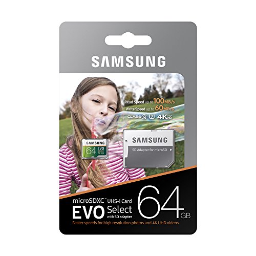 Samsung EVO Select - Tarjeta de Memoria microSDXC de 64 GB con Adaptador SD, 100 MB/s, U3, Color Verde y Blanco