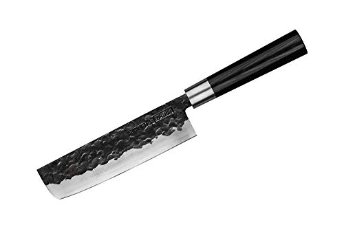 Samura Blacksmith - Cuchillo de cocina profesional japonés Damasco Nakiri Micarta 168 mm Dureza 60 HRC.