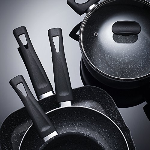 San Ignacio Set Casual Batería de Cocina Gourmet, Aluminio prensado, Gris Oscuro, Cazo de Ø16 Ø20 sartén Grill de 28x28 Olla de Ø24 cms con Tapa de Vidrio