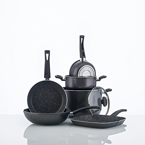 San Ignacio Set Casual Batería de Cocina Gourmet, Aluminio prensado, Gris Oscuro, Cazo de Ø16 Ø20 sartén Grill de 28x28 Olla de Ø24 cms con Tapa de Vidrio