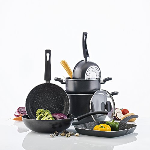 San Ignacio Set Casual Batería de Cocina Gourmet, Aluminio prensado, Gris Oscuro, Cazo de Ø16 Ø20 sartén Grill de 28x28 Olla de Ø24 cms con Tapa de Vidrio