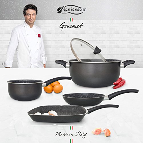 San Ignacio Set Casual Batería de Cocina Gourmet, Aluminio prensado, Gris Oscuro, Cazo de Ø16 Ø20 sartén Grill de 28x28 Olla de Ø24 cms con Tapa de Vidrio