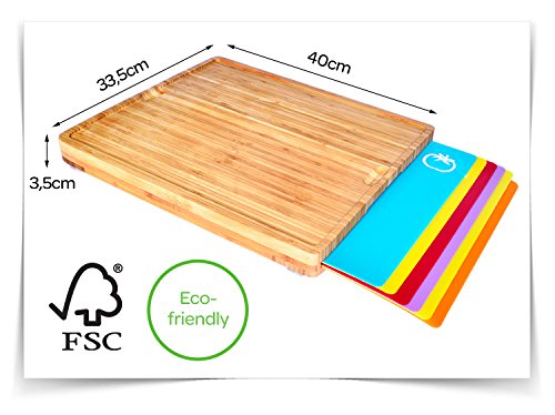 Sandford Tabla de cortar de madera de bambú con 6 alfombrillas para cortar alimentos por separado como pescado / verduras / aves, plástico flexible e higiénico bambú