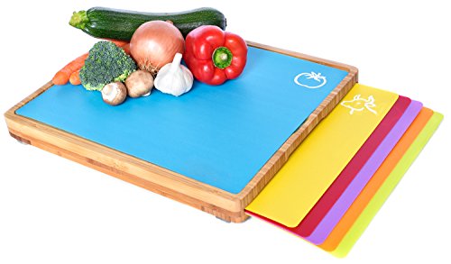 Sandford Tabla de cortar de madera de bambú con 6 alfombrillas para cortar alimentos por separado como pescado / verduras / aves, plástico flexible e higiénico bambú