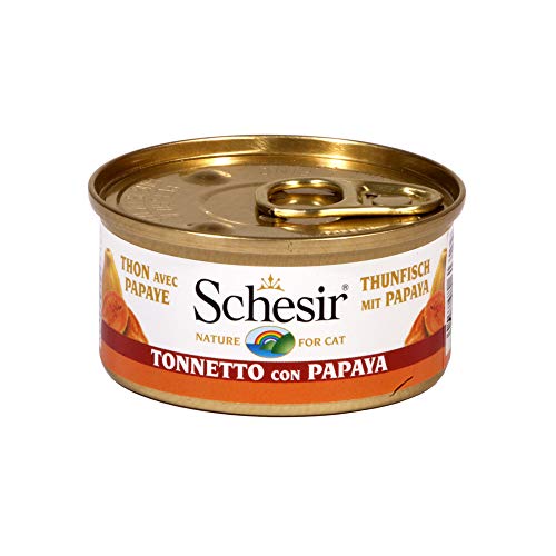 Schesir, Comida húmeda para Gatos Adultos, Sabor bacoreta con Papaya en gelatina Blanda con Verdaderos trozos de Fruta - Total 1,8 kg (24 latas x 75 gr)