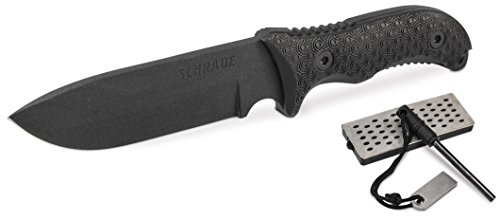 Schrade Adultos Cuchillo de Caza, caronbon Acero 1095, no de Acero Inoxidable, Revestimiento, TPE de Mango, Piedra de afilar, Fuegos Starter, Vaina Caza, Multicolor, One Size