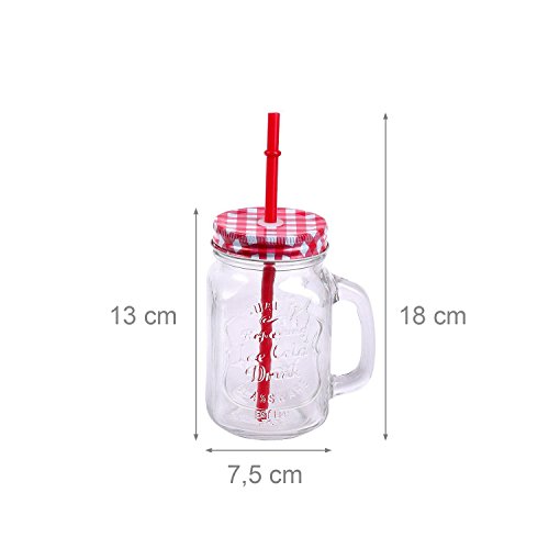 Schramm® Paquete de 4 Vasos con Tapa, asa y Pajita Vasos de Cristal con Pajita para Beber cóctel de Cristal 500ml Jarra para Beber Vintage Retro Garden Terrace