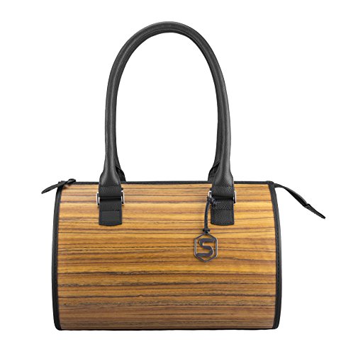 Sebastian Sturm Bolso de mano CARMEN | Fabricado con madera auténtica tipo roble ahumado o amazaque y cuero de ternera | Mujer Cartera Marrón Negro | By Negro (Amazaque)